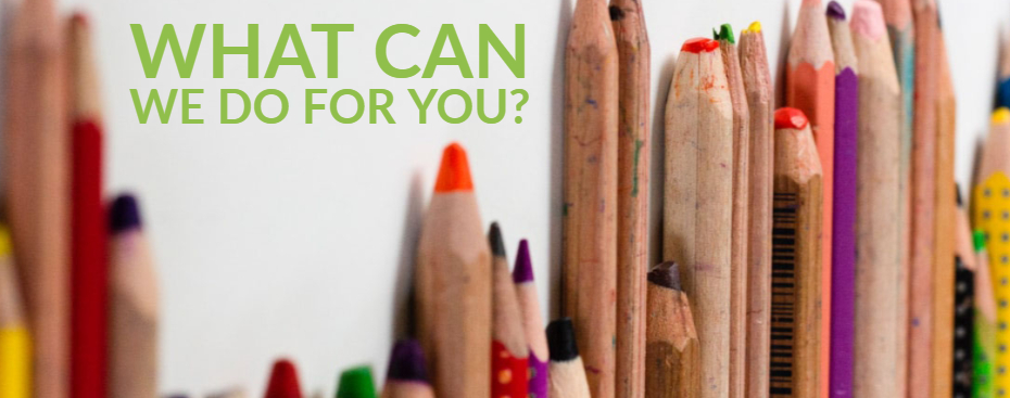 What can we do for you? With crayons against a flat surface vertically.